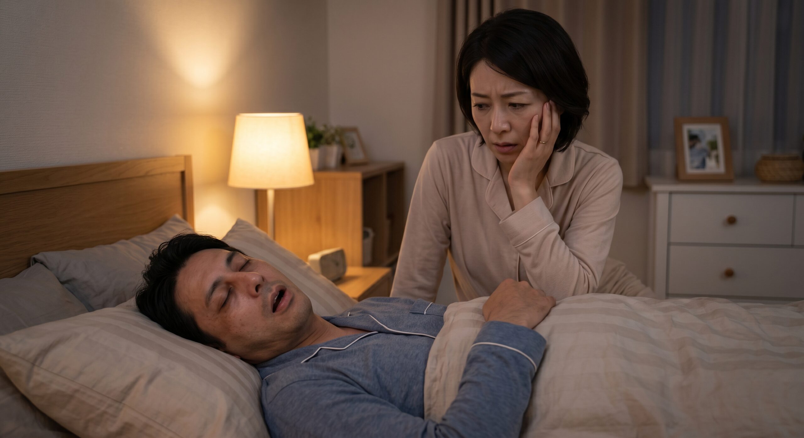 寝室でいびきをかく男性と心配そうに見つめる女性