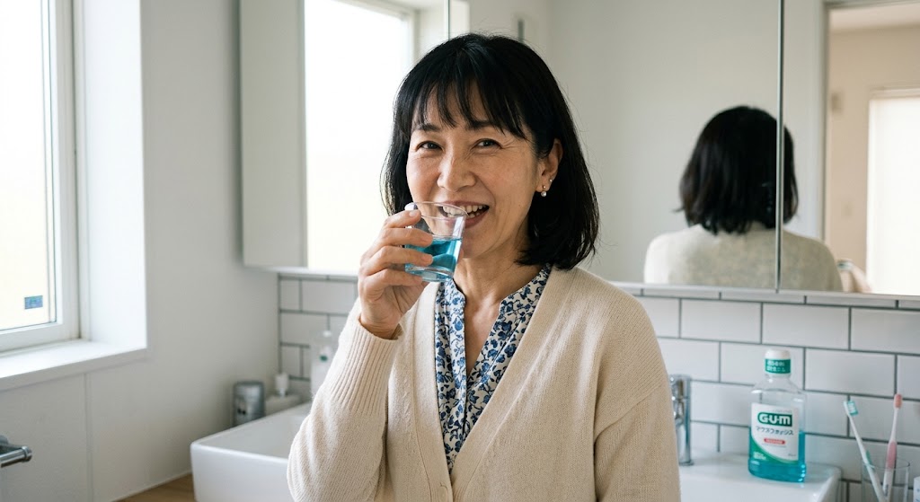 マウスウォッシュを使う女性